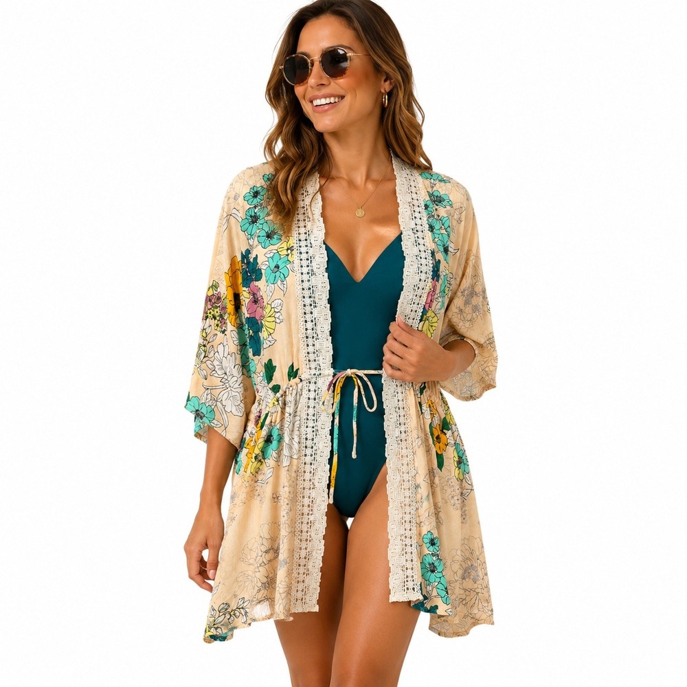 Humingbird Cover Up Top Size M Drawstring Waist Lace Trim Oversized Flowy